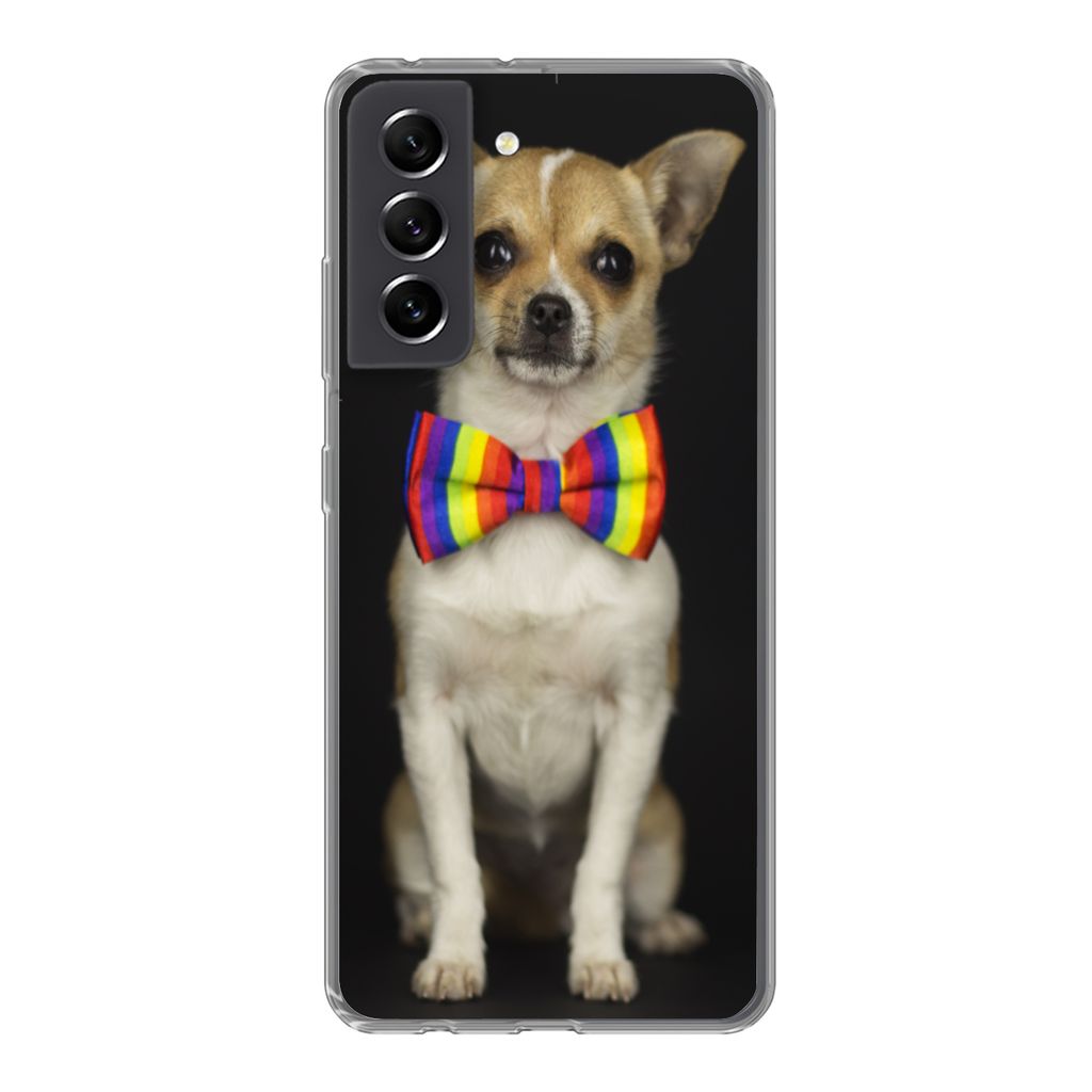 MuchoWow Handyhülle Schutzhülle Hülle für Samsung Galaxy S21 FE Hund - Fliege - Schwarz Silikon Softcase Handy Hülle