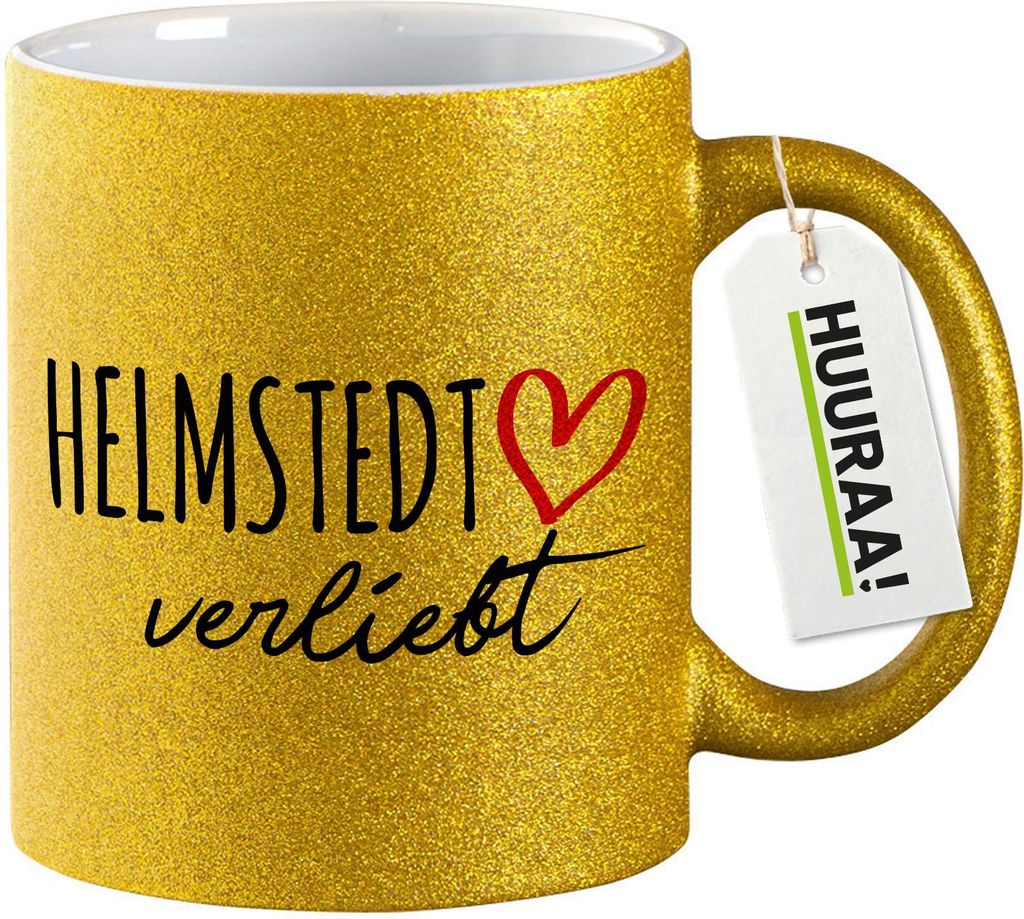 Huuraa Glitzertasse Helmstedt verliebt 330ml Gold Keramik Kaffeebecher Geschenkidee