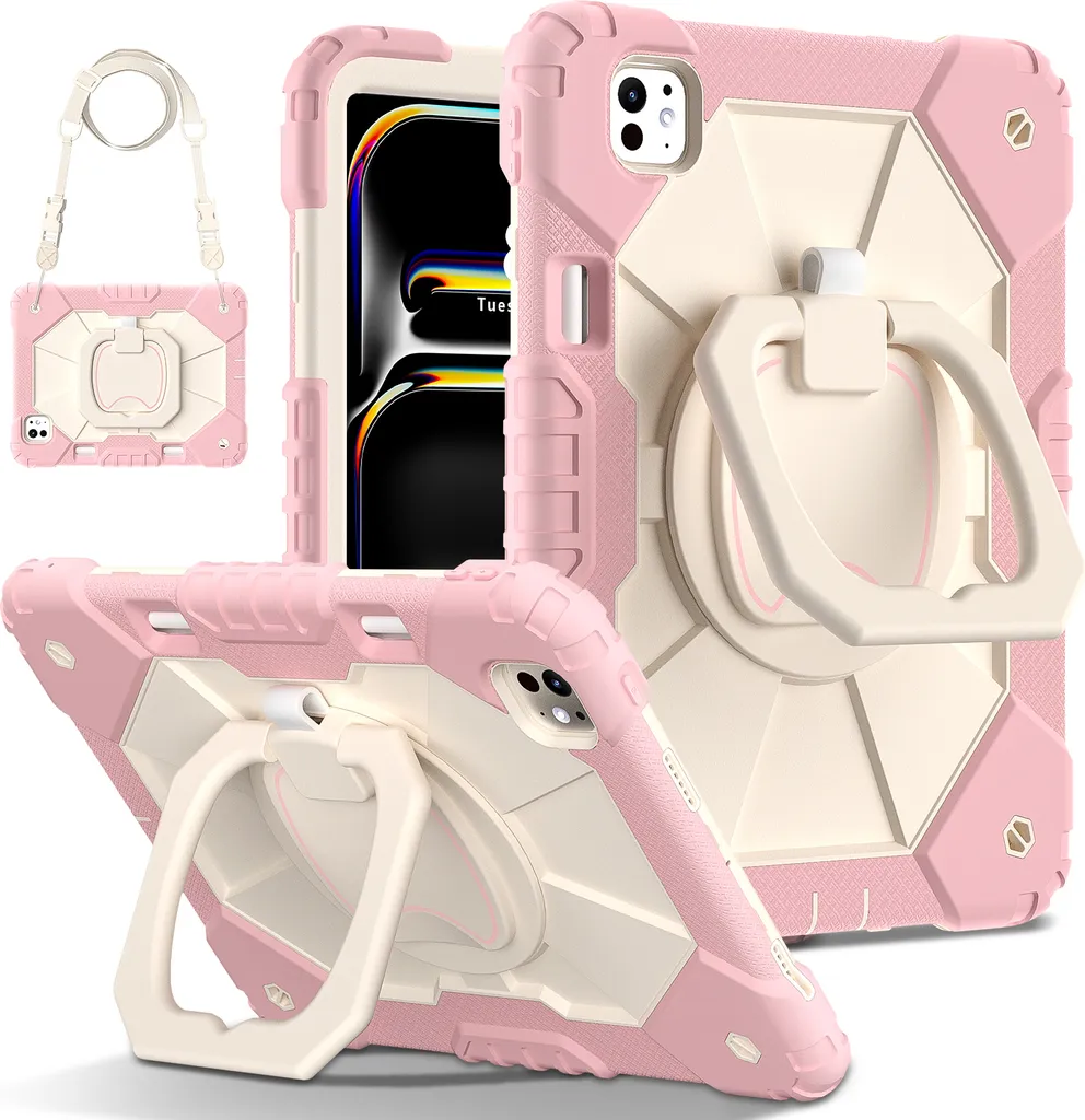 Housse iPad Pro 11 M4 Durable avec Dragonne et Bandoulière Rose 2024