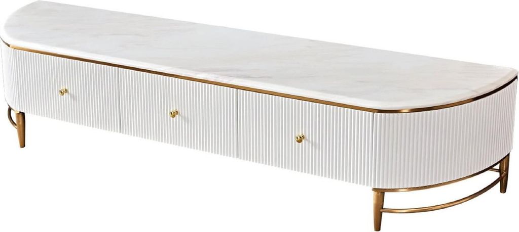 Casa Padrino Luxus TV Schrank Weiß / Messingfarben / Gold 200 x 40 x H. 42 cm - Modernes Wohnzimmer Sideboard mit 3 Schubladen - Moderne Wohnzimme...