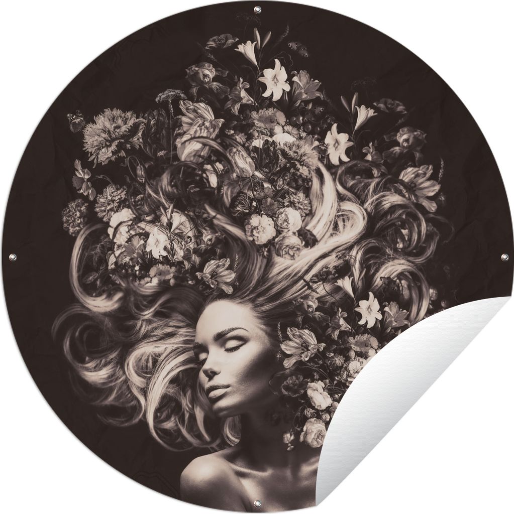 MuchoWow Gartenposter Outdoor-Poster Rund Blumen - Frau - Natur Ø 90 cm Gartendeko Rundes Poster draußen