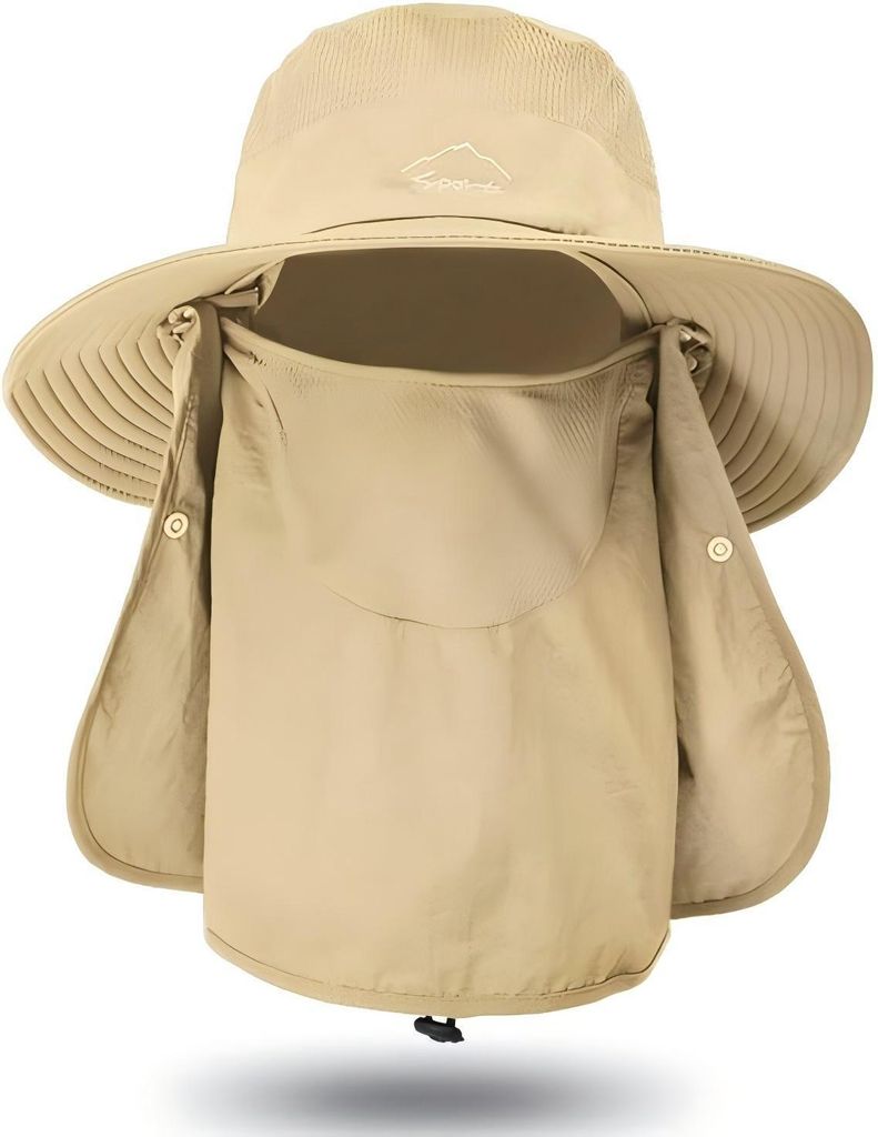 Sonnenmütze Herren Angelhut Sommerhut UV Schutz Fischerhut mit Breiter Krempe Gesichtsabdeckung sowie Nackenschutz Wanderhut beige
