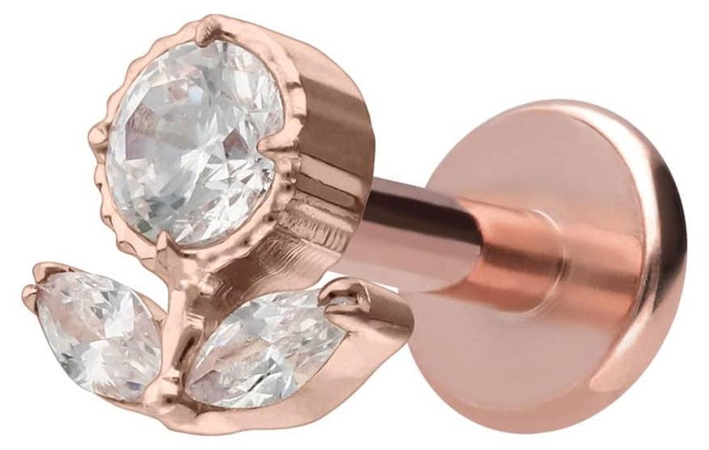Ohrpiercing, Nasenpiercing Titan Labret mit Innengewinde KRISTALLBLUME RoséGold Stablänge: 6mm | Stabstärke: 1,2mm
