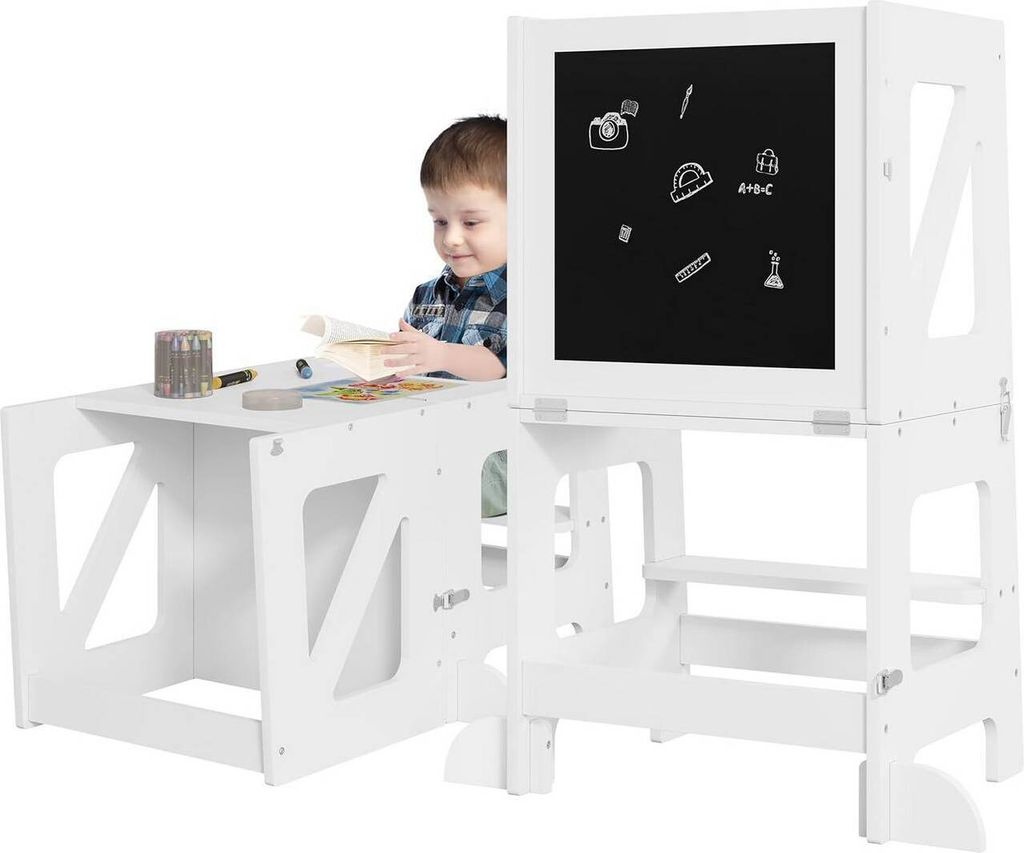 WOLTU Lernturm 3 in 1, Kinderhocker Kindertisch Tafel, mit Rausfallschutz, Weiß