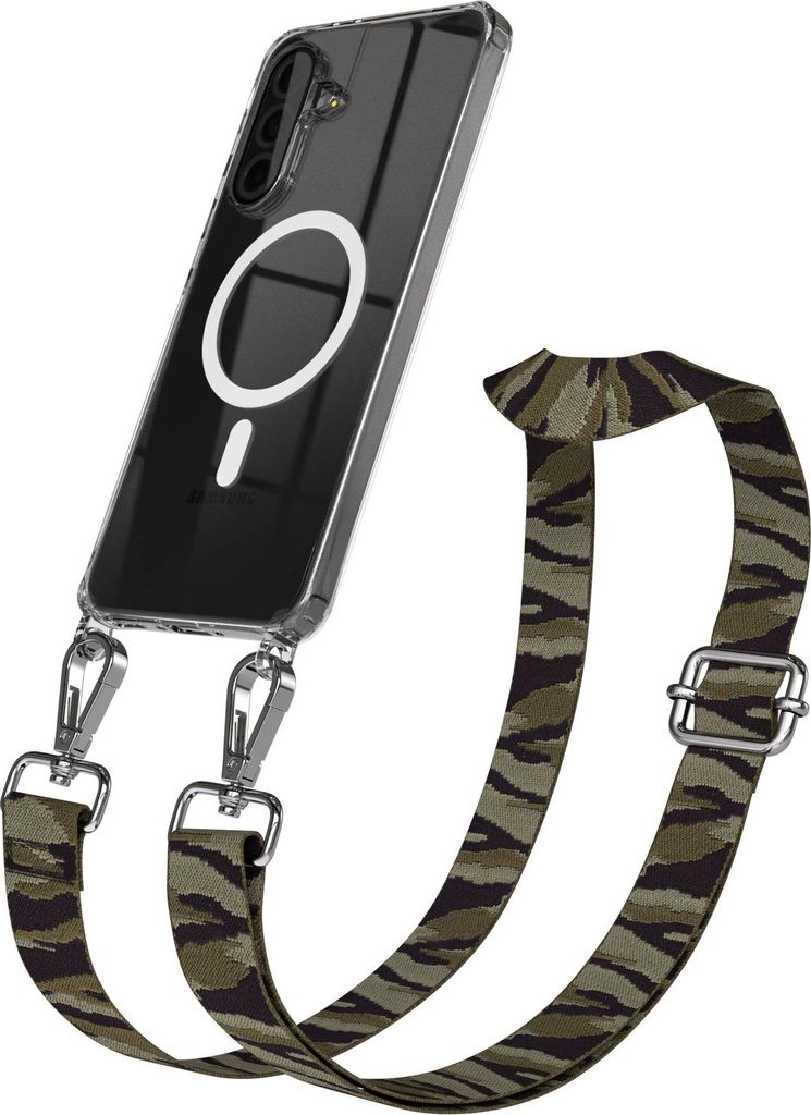EAZY CASE - Handykette mit MagSafe Hülle für Samsung Galaxy A36, Handyband Camouflage Style, Karabiner Silber, Umhängeband in Grün