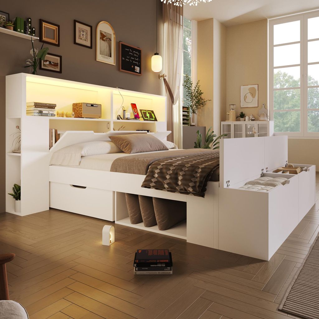 MODFU Jugendbett 140x200 Holzbett mit integrierte LED-Lichtleisten,Bettgestell Kinderbett mit Schubladen und USB-Ladeanschlüssen,mit Matratze,Weiß