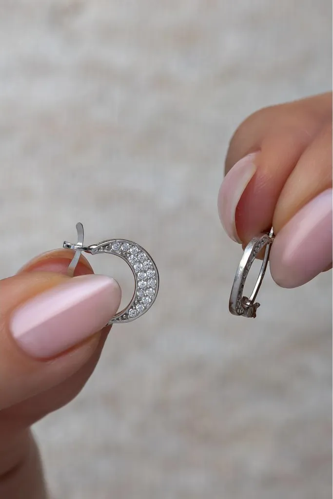Boucles d'oreilles demi-lune anti-allergie en argent 925 et zirconium pur