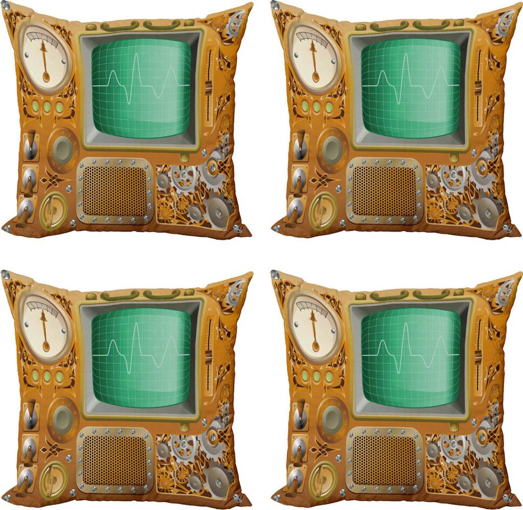 ABAKUHAUS Retro Kissenbezug Set (4 Stück), Grunge Steampunk Maschine, Moderner Doppelseitiger Digitaldruck, 60 cm x 60 cm, Orange Grün Hellgrau