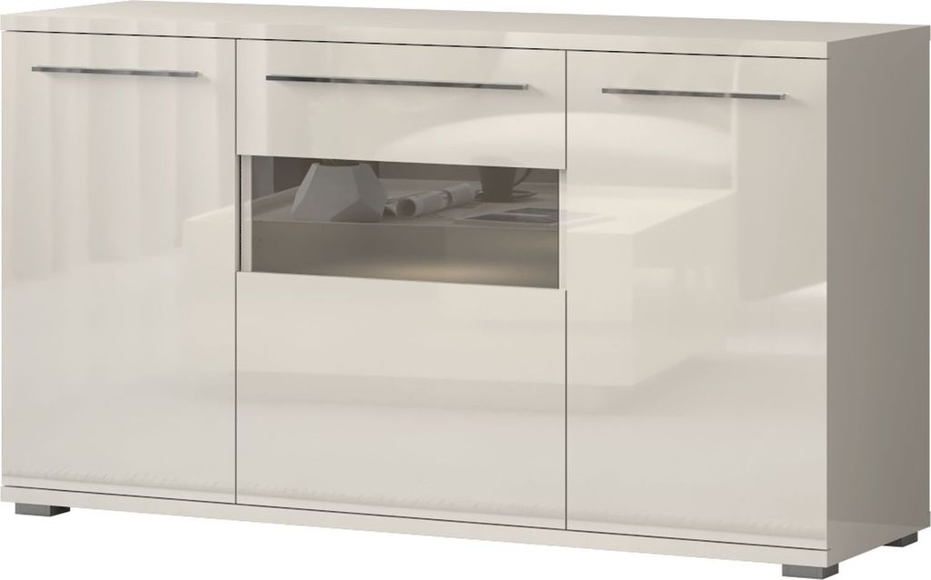 Kommode Garim 3, Farbe: Beige Hochglanz - 85 x 150 x 45 cm Produktbild 