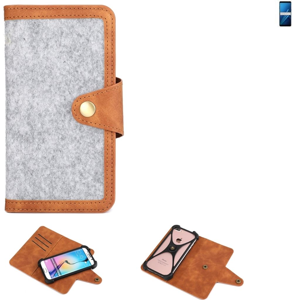 K-S-Trade Handyhülle kompatibel mit Samsung Galaxy A8+ (2018) Duos Schutzhülle Filz-Hülle Kunst-Leder hellgrau braun (1x)