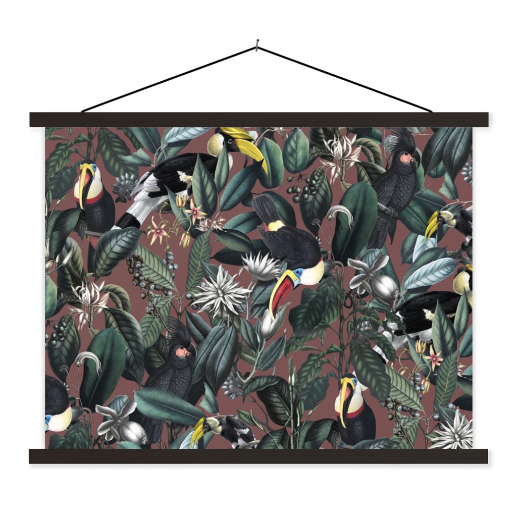 MuchoWow Textilposter Blumen - Tukan - Blätter 120x90 cm mit schwarzem Rahmen - Aufhänger für Poster