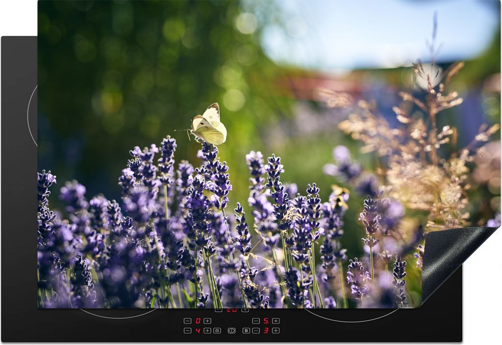 KitchenYeah Herdabdeckplatte Lavendel - Blumen - Licht - Schmetterlinge , 78x52cm, Küche Deko, Glaskeramikkochfeld Herdabdeckung, Abdeckplatte f...