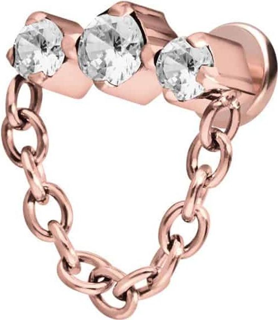 Ohrpiercing, Nasenpiercing Titan Labret mit Innengewinde 3 EINGEFASSTE KRISTALLE + KETTE RoséGold Stablänge: 7mm | Stabstärke: 1,2mm