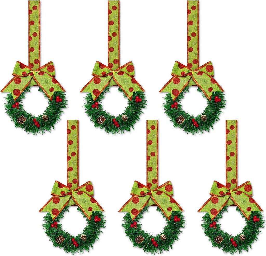 6 kleine künstliche Weihnachtskränze mit Schleife, roten Beeren und Tannenzapfen zur Dekoration von Küche, Fenster und Tür.