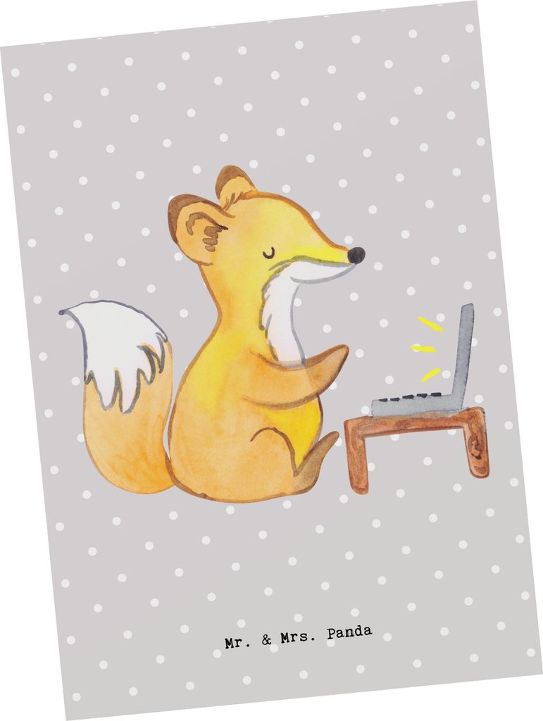 Mr. & Mrs. Panda Grußkarte Online Redakteurin Herz - Grau Pastell - Geschenk, Postkarte, Postkarten, Ansichtskarten, einzelkarte, Ansichtskarte