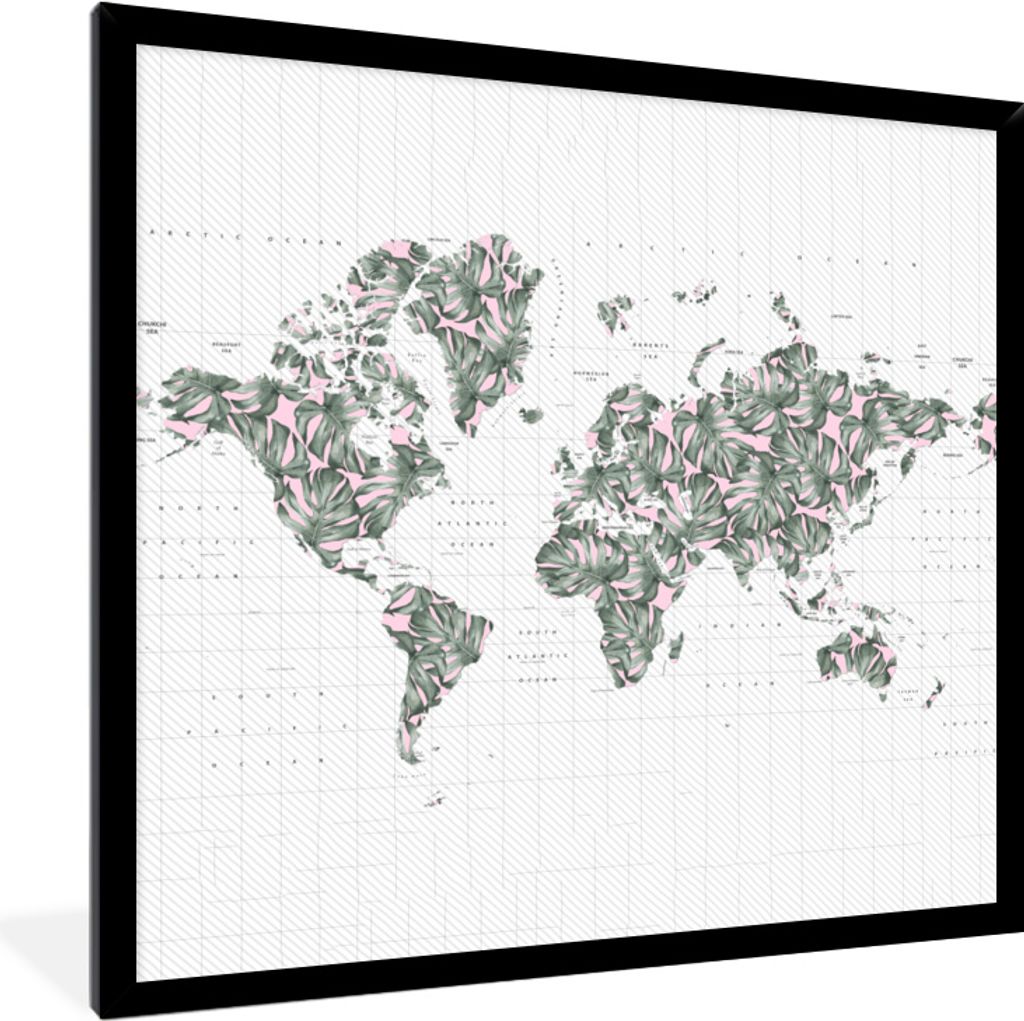MuchoWow MuchoWow Gerahmtes Poster Weltkarte - Blätter - Rosa 40x40 cm - Poster mit zchwarzem Bilderrahmen - Mit Rahmen - Wanddekoration Schla...