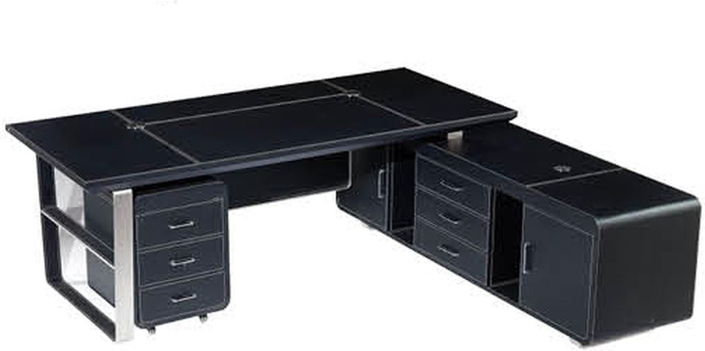 Leder-Eckschreibtisch in Grau mit MDF und Edelstahl, modern