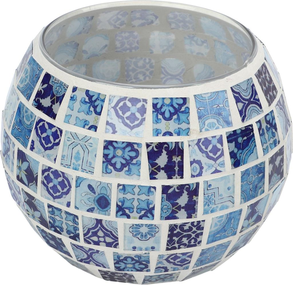 Teelicht Kerzenhalter Blau und weißes Glas Mosaik Blumenmuster warm romantische handgefertigte Textur -Votivhalter