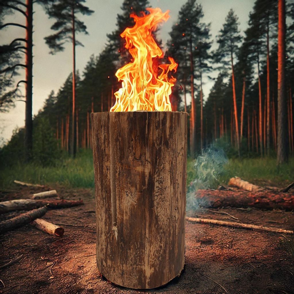 A large wooden log burning with a bright flame in a forest setting.
