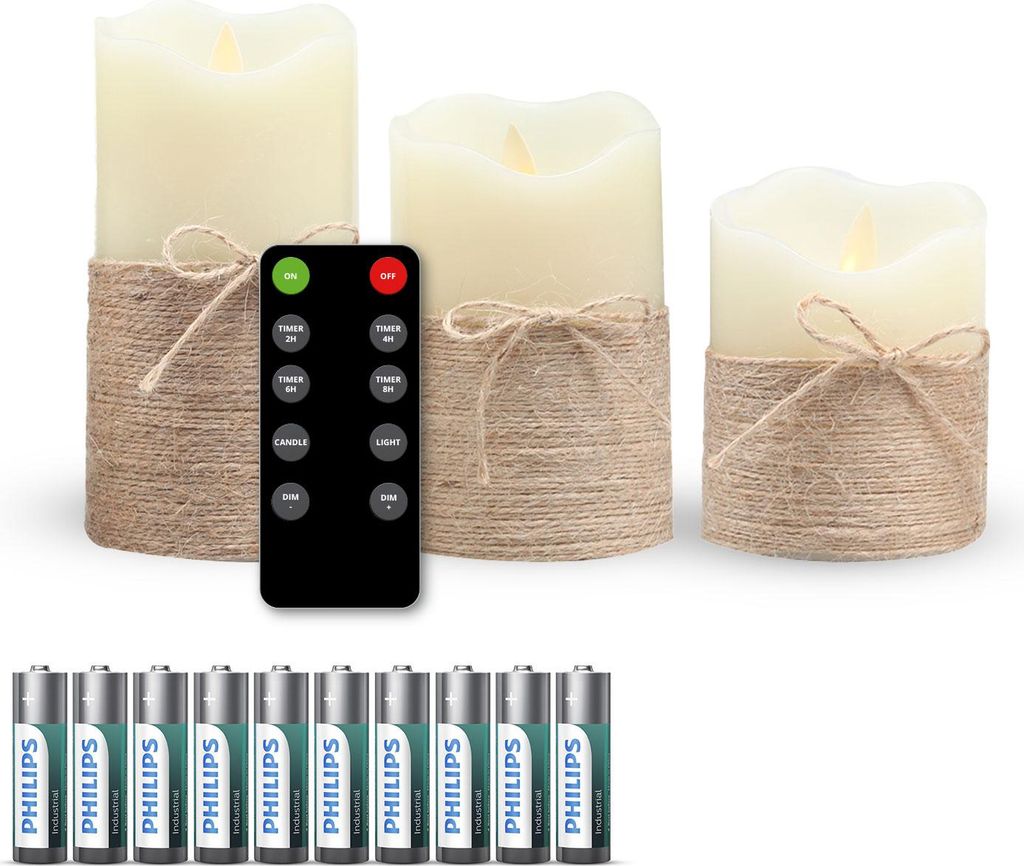 FlinQ LED-Kerzen mit beweglicher Flamme & Docht – inkl. Batterien & Fernbedienung mit Timer & Dimmfunktion – flackernd – Stabkerzen – 3er-Set