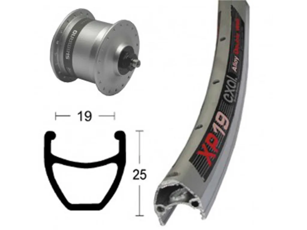 Roue Avant 28x1.75 Exal XP-19 avec Moyeu Dynamo Shimano DHC3003 Argent
