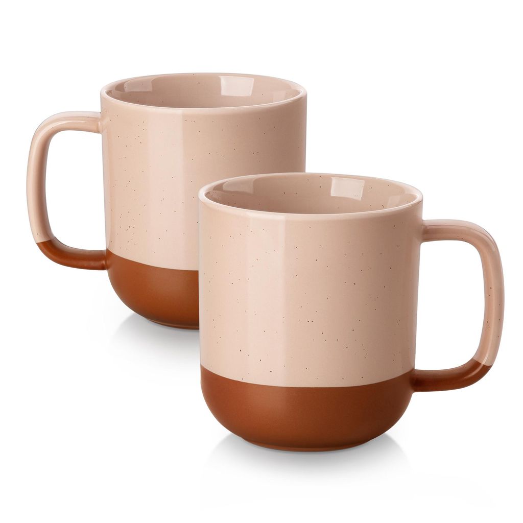 MALACASA Becher Set, 2-tlg Steingut Tassen, 480ml Trinkbecher, Kaffeebecher mit Henkel, Pink