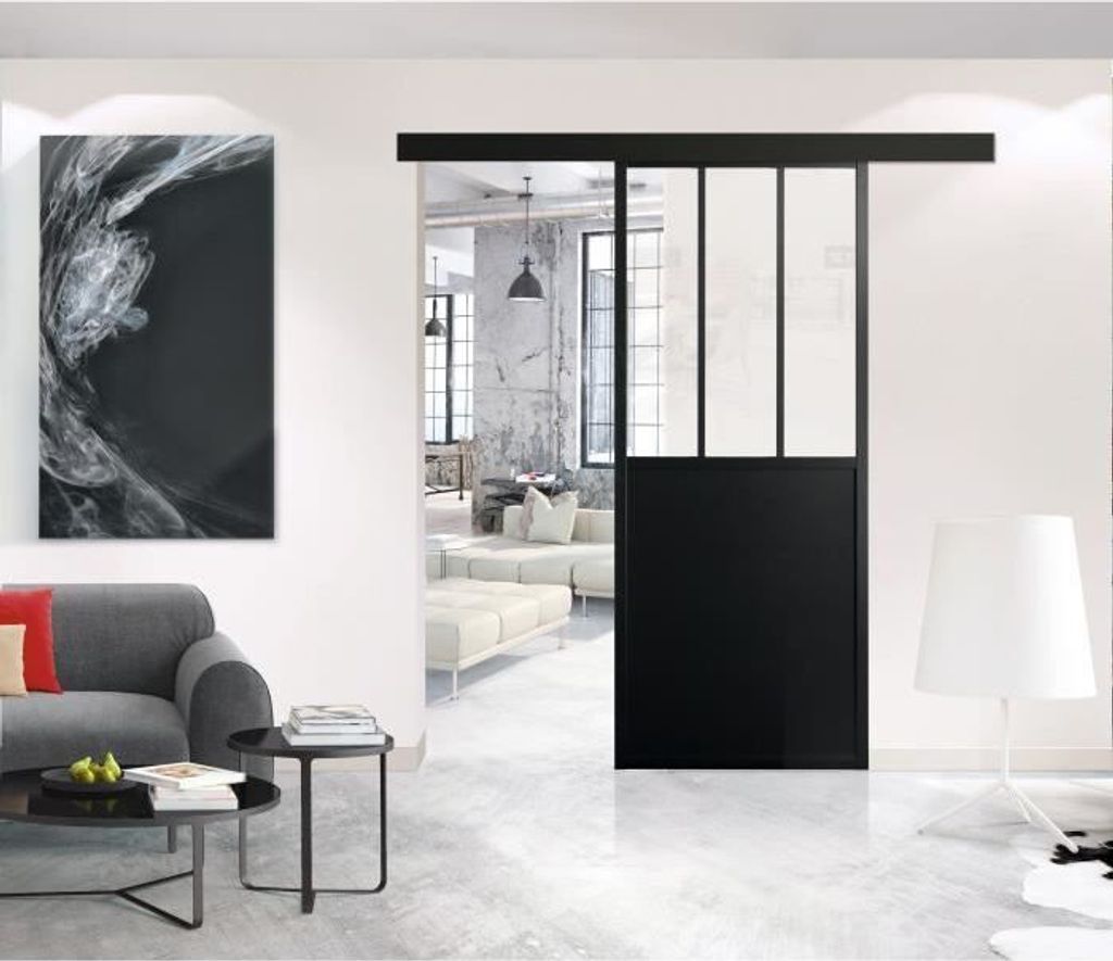 OPTIMUM - Schiebetür + Schiene + Kit Werkstattleiste - H 204 x B 73 x T 4 cm - Schwarzes transparentes Glas