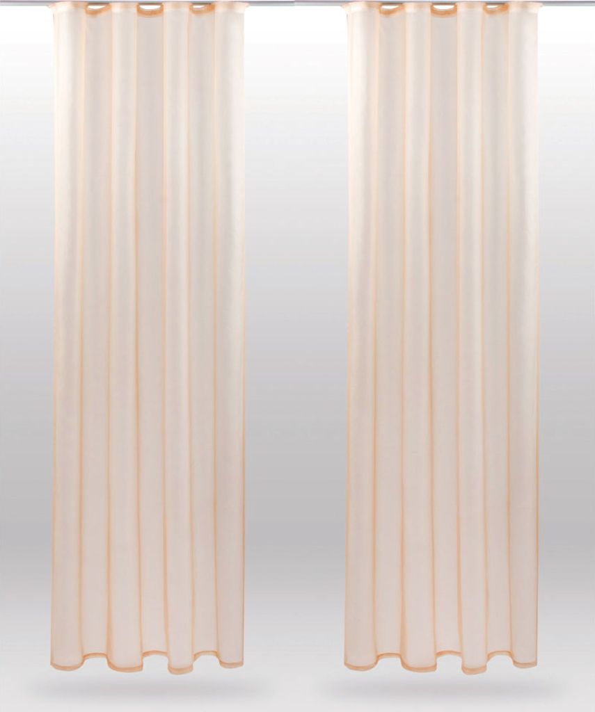 Two beige sheer curtains hanging vertically against a light gray background.