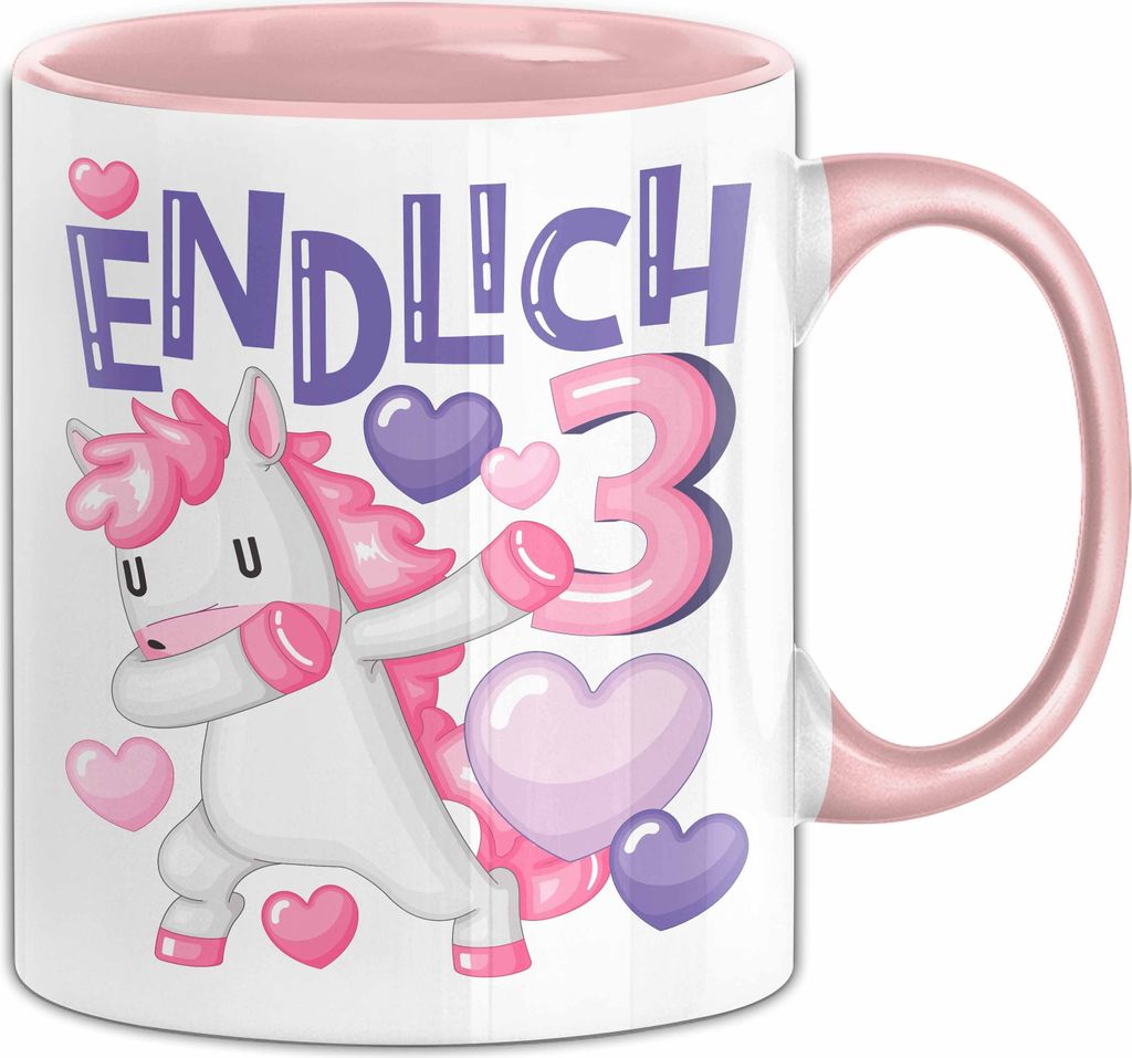 3. Geburtstag Geschenk Tasse Becher Mädchen Einhorn Geburtstagsgeschenk Tochter Endlich 3 (Rosa)