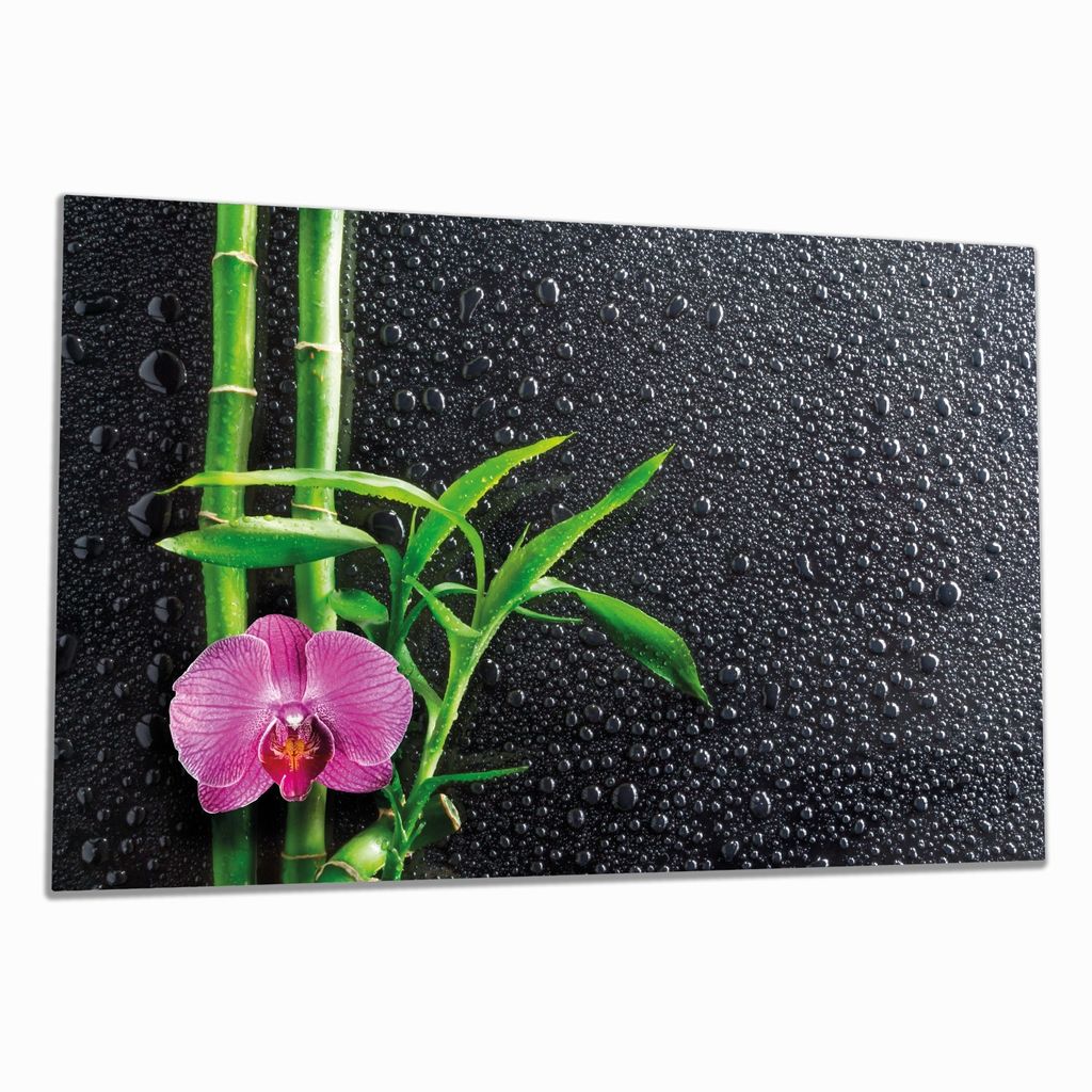 Wallario Herdabdeckplatte aus Glas, Größe 80 x 52 cm 1-teilig, Motiv Bambus und pinke Orchidee auf schwarzem Glas mit Regentropfen