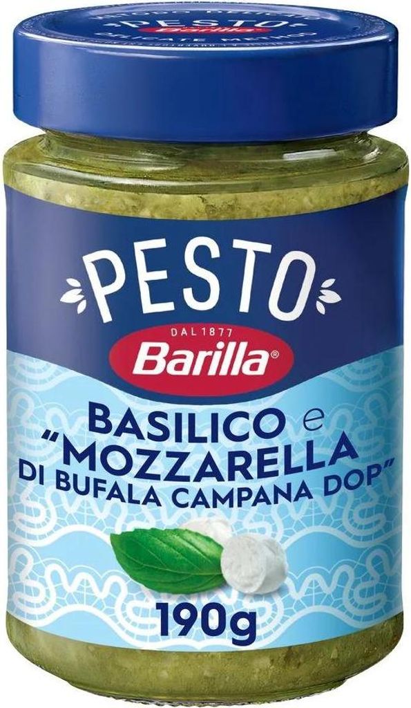 A jar of Barilla Pesto with Basil and Mozzarella.