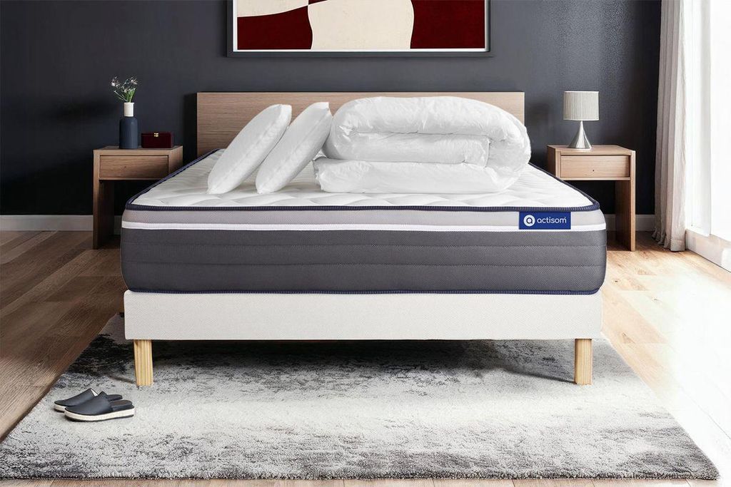 Komplettpaket Bett - Matratze 160x200 cm + Boxspringbett mit Lattenrost (im Set) + 2 Kopfkissen + Bettdecke - Actilatex Plus