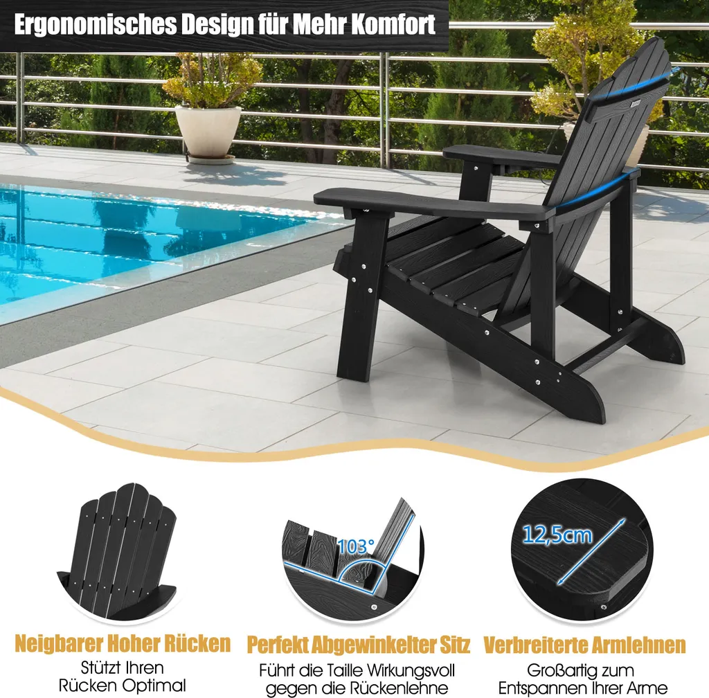 Fauteuil de Jardin Adirondack en Plastique Noir Résistant - Chaise d'Extérieur