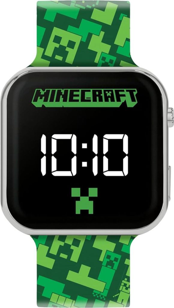 A digital watch with a Minecraft theme.
