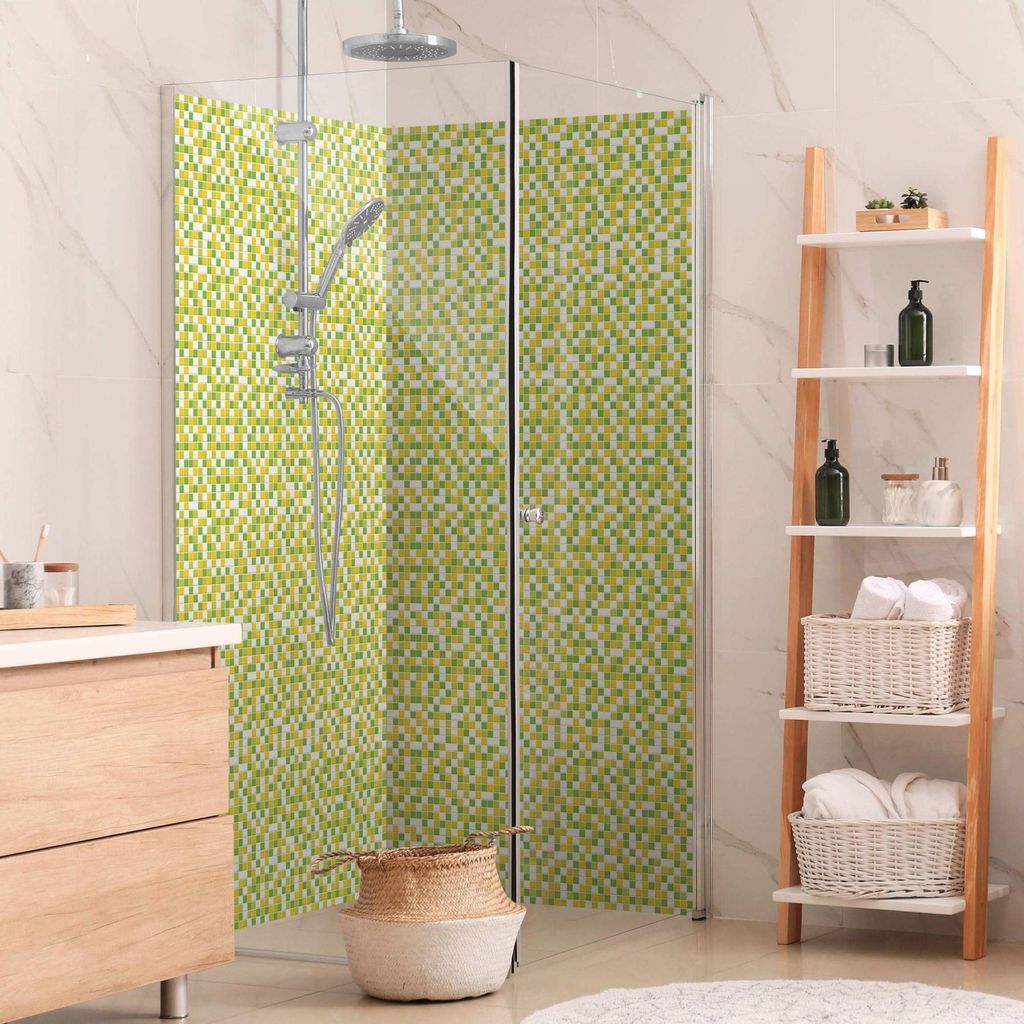 Duschrückwand mit Motiv selbstklebend - 0.35 mm Wandpaneel wasserfest Design grün Fliesenoptik Illustration Badrückwand fugenlos Smart matt 110x...