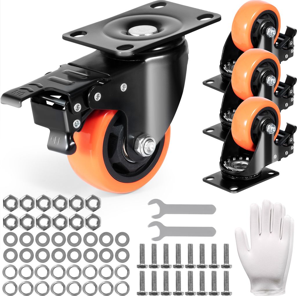 VEVOR Möbelrollen 4er-Set Lenkrollen PVC φ76,2mm Laufrollen 454kg Tragfähigkeit Transportrollen mit A/B-Bremsen Kastenrollen 360° Drehbar Schwe...