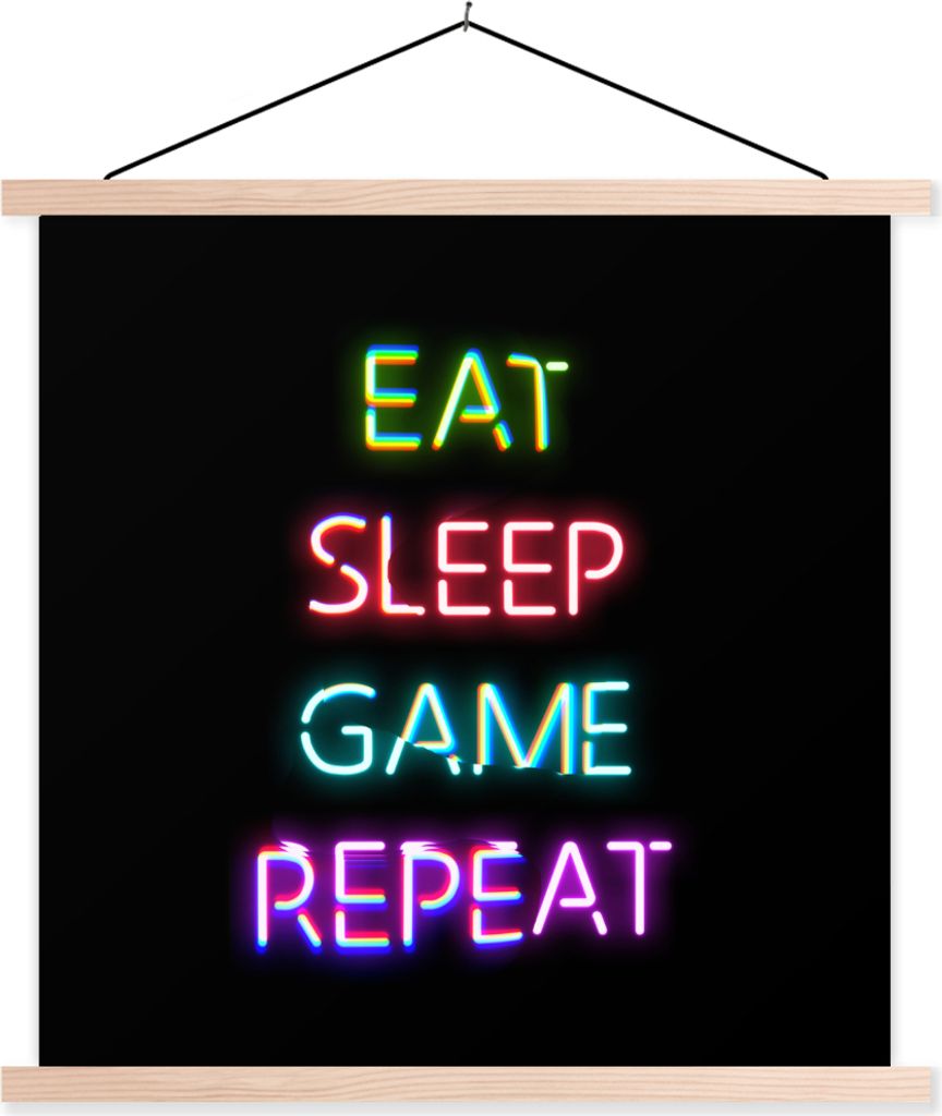 MuchoWow Textilposter Gaming - Led - Zitat - Eat sleep game repeat - Gaming 40x40 cm mit holzfarbenen Rahmen - Posterleiste
