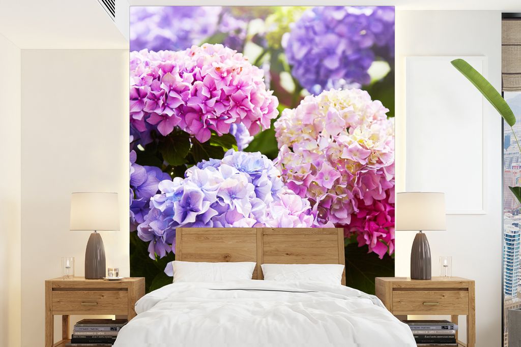 MuchoWow Fototapete für Wohnzimmer oder Schlafzimmer Wandtapete Vinyl Motivtapete Blumen - Hortensie - Rosa - Blätter - Sonne - 165x220 cm - Wa...