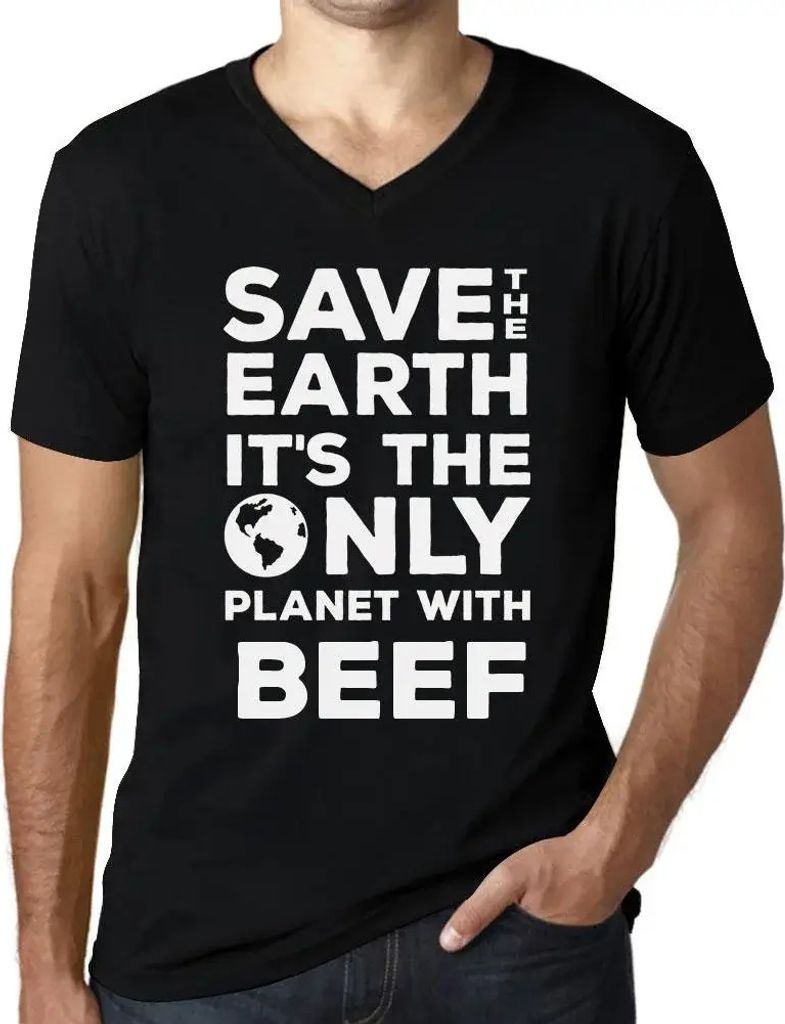 Herren Grafik T-Shirt V-Ausschnitt Rettet die Erde sie ist der einzige Planet mit Rindfleisch – Save The Earth It’s The Only Planet With Beef