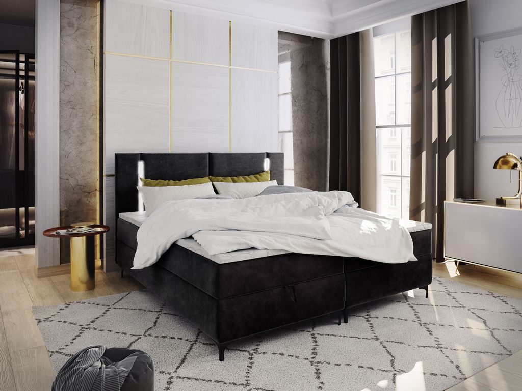 Masseno Boxspringbett ALBA 160x200 cm Komplett-Set mit Bonell Matratze und Topper, Polsterbett mit Bettkästen -Schwarz, CASABLANCA 16