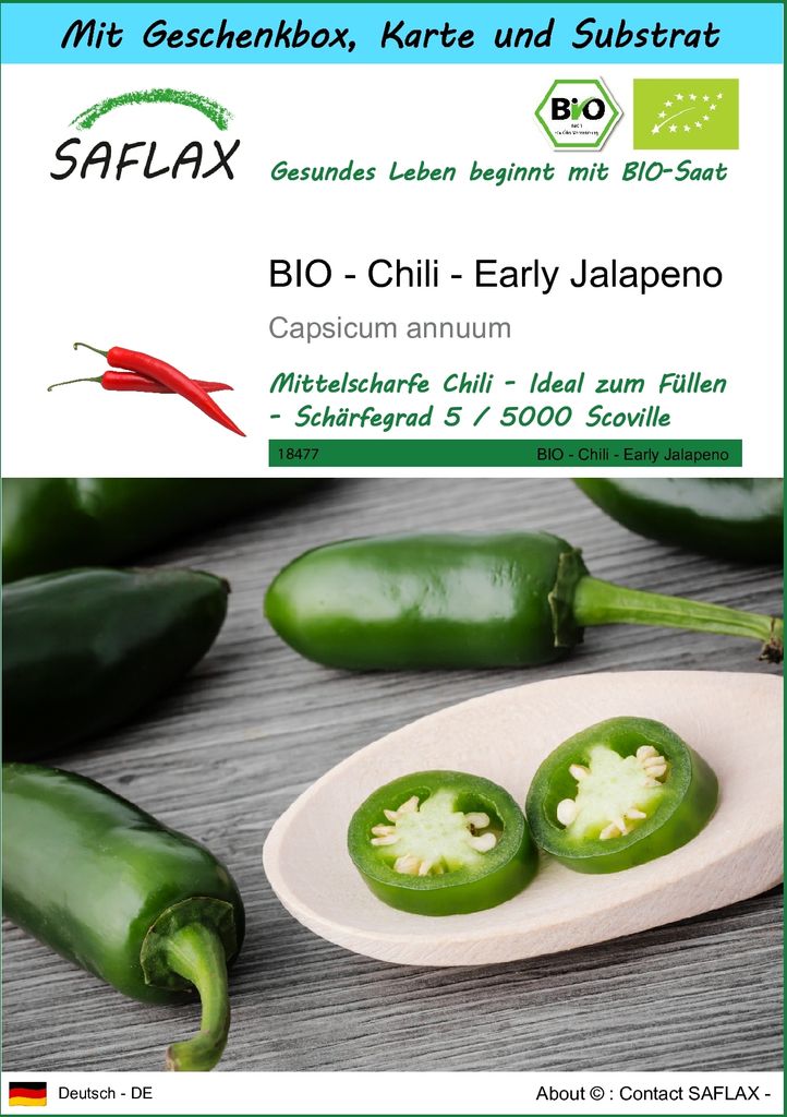 SAFLAX - Geschenk Set - BIO - Chili - Early Jalapeno - 20 Samen - Mit Geschenk- / Versandbox, Versandaufkleber, Geschenkkarte und Anzuchtsubstrat -...