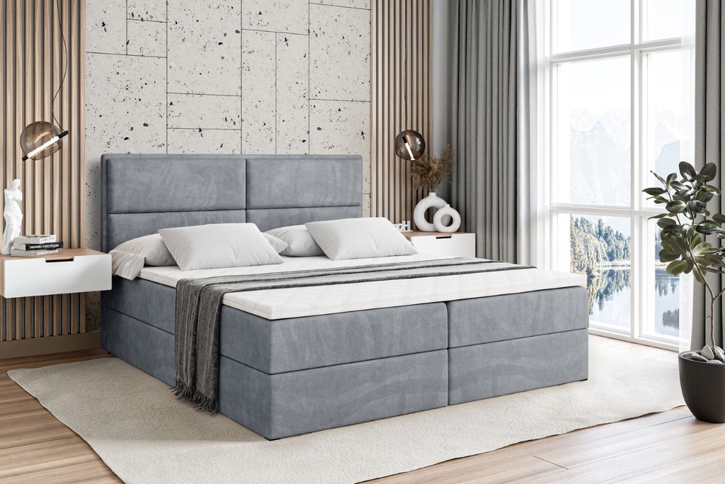 ALTDECOR Boxspringbett mit H4 Matratze und Topper - 140 x 200 cm - AURA - Grau Samt - Polsterbett mit Bettkasten und Lattenrost, Bett mit Stauraum