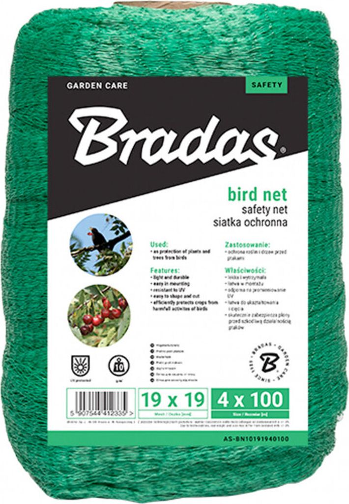 A roll of green bird net with product information and branding.