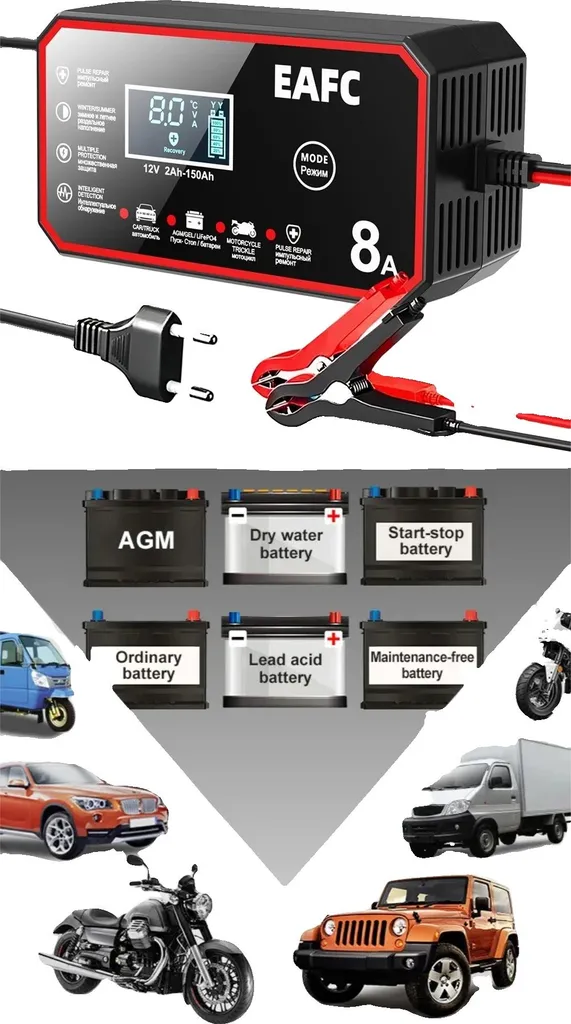Chargeur batterie voiture 12V 8A à écran LCD et système de charge intelligent