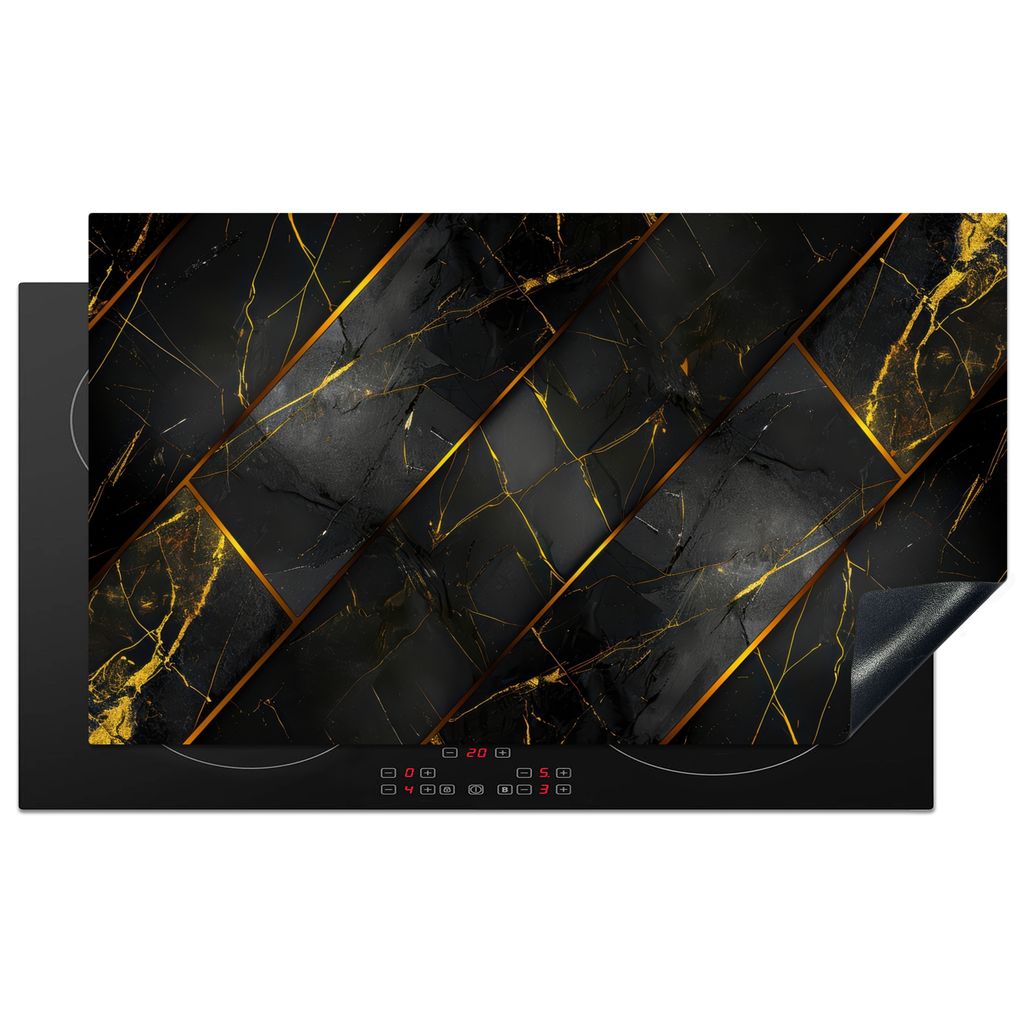 KitchenYeah Herdabdeckplatte Fliese - Schwarz - Gold - Modern , 91x52cm, Küche Deko, Glaskeramikkochfeld Herdabdeckung, Abdeckplatte fùr Kochfeld