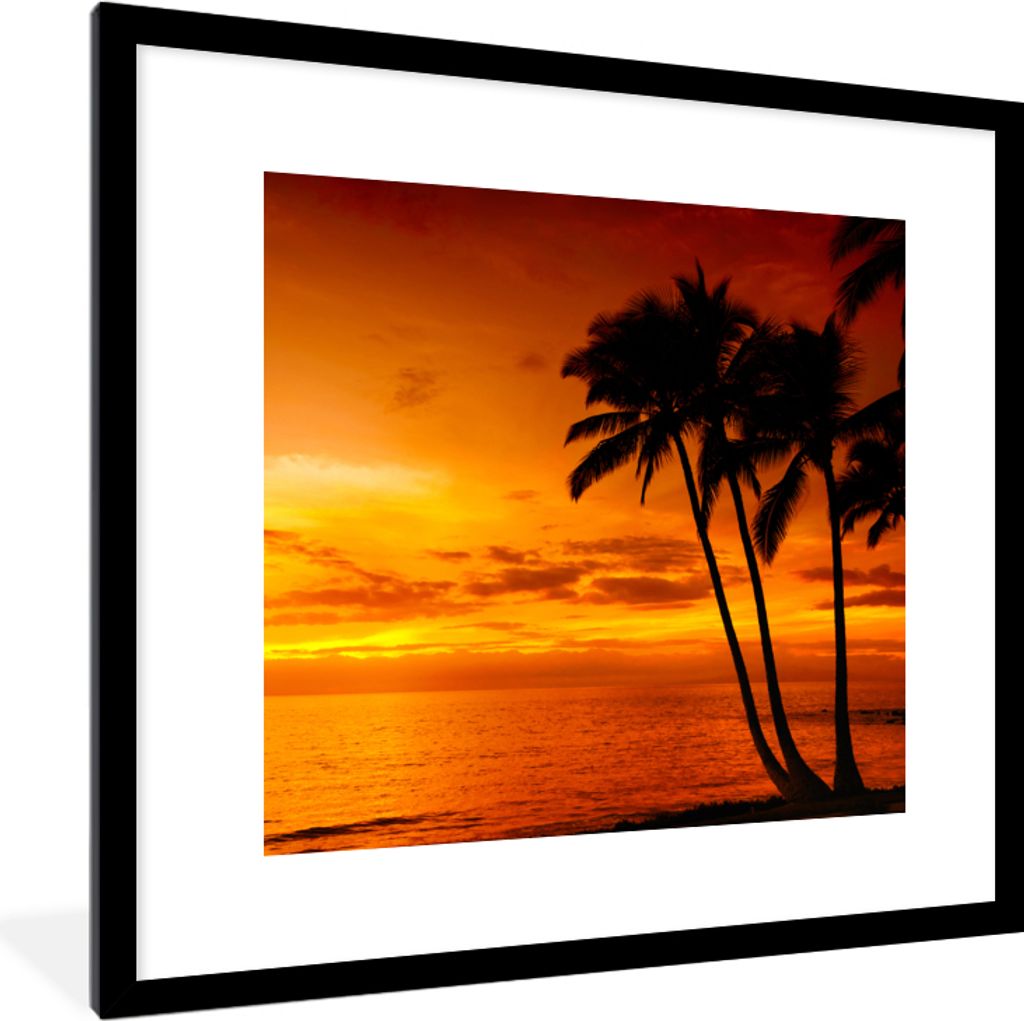 MuchoWow Gerahmtes Poster Palme - Sonnenuntergang - Tropisch - Orange - Meer 40x40 cm - Poster mit Schwarzem Bilderrahmen Wandposter Rahmen Foto ...