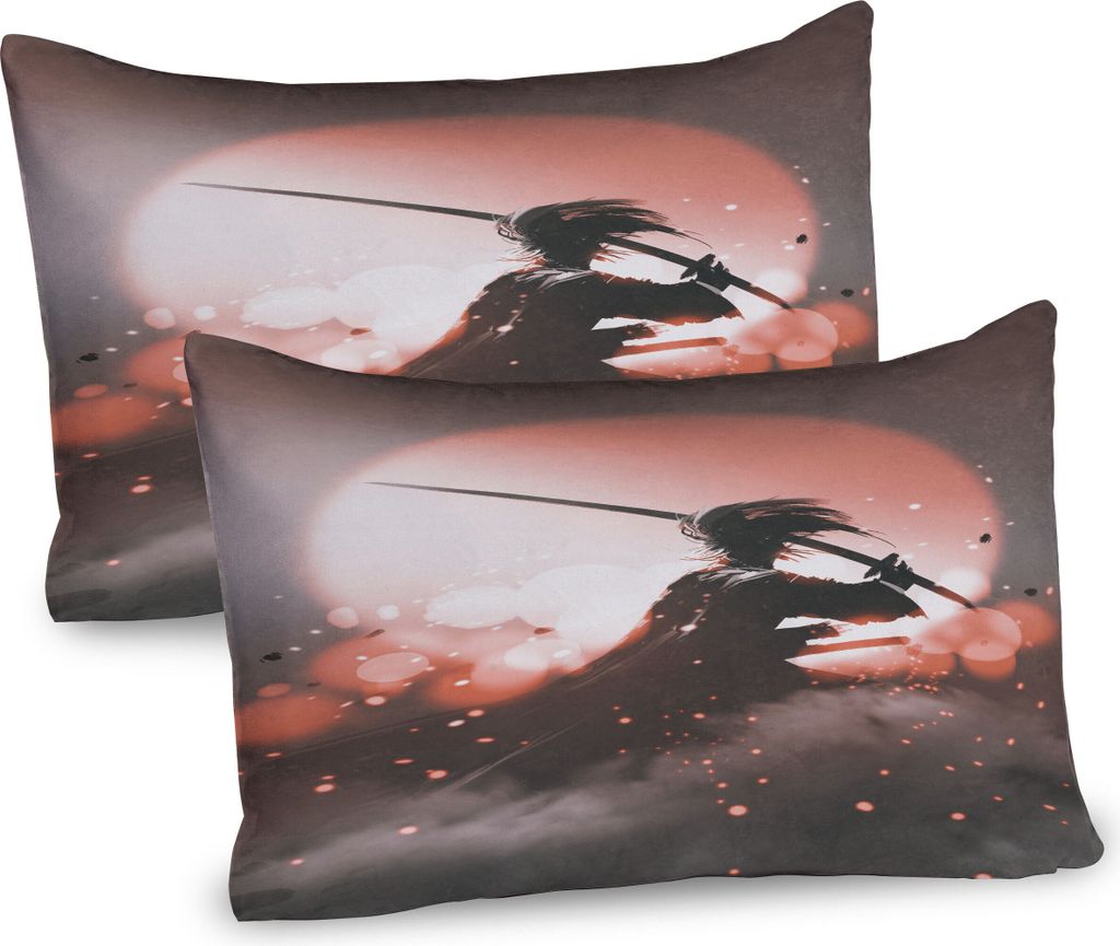 ABAKUHAUS japanisch Kissenbezug Packung mit 2, Reflexion Eines Samurais Dunstige Sonnenuntergang Frei Von Tod Konzept Bild, Dekorativer Gedruckter ...