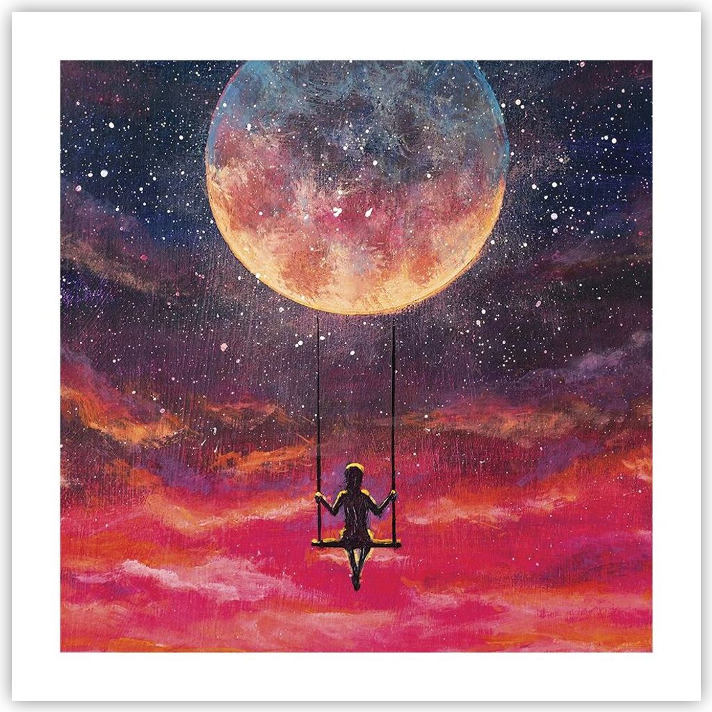Poster - Poster ohne Rahmen - Mond Schaukel Frau - 50x50 cm - Wand Bild - Wanddeko - Wandbilder - Kunstposter - Wandposter - Bilder - Kunstdruck - ...