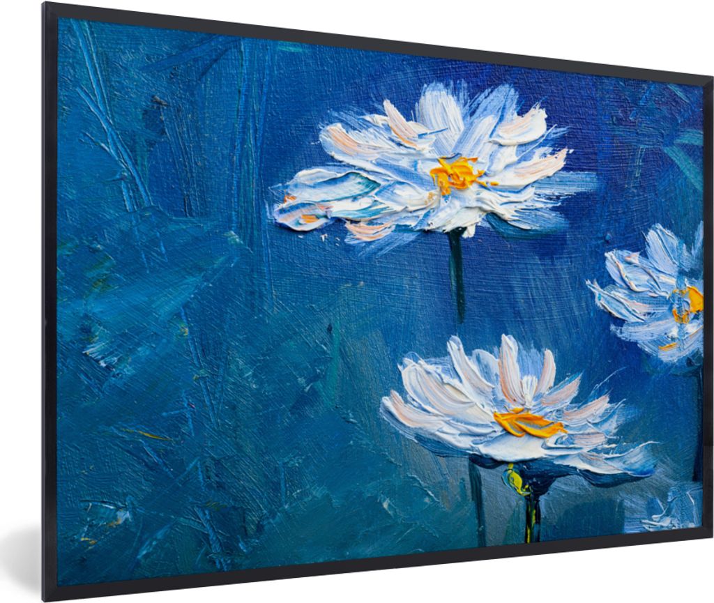 MuchoWow Gerahmtes Poster Gemälde - Ölfarbe - Blumen - Blau 30x20 cm - Poster mit Schwarzem Bilderrahmen Wandposter Rahmen Foto Bilder - Kunstd...