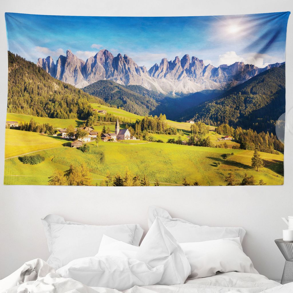 ABAKUHAUS Natur Wandteppich, Landschaft am Morgen aus Weiches Mikrofaser Stoff Waschbar ohne Verblassen Digitaldruck, 230 x 140 cm, Grau und Grün